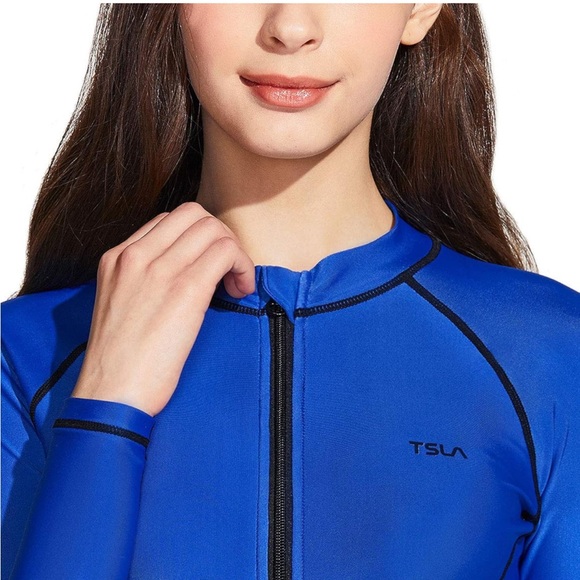 TSLA Blue UPF 50+ Zipper Rash Guard, Water Surfing Long Sleeve Swimsuit/ Wetsuit - Picture 6 of 9